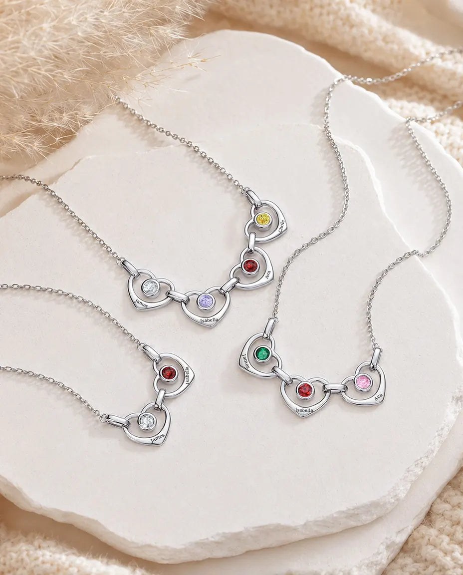 Personalised Family Birthstone Necklace With 1-6 Names - Linked Hearts With Simulated Birthstones, Silver