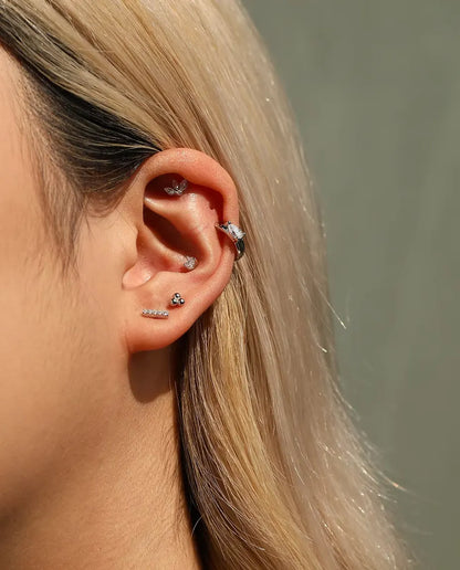 Moissanite Bar Stud Earrings in 925 Sterling Silver - worn together with other studs in the same ear
