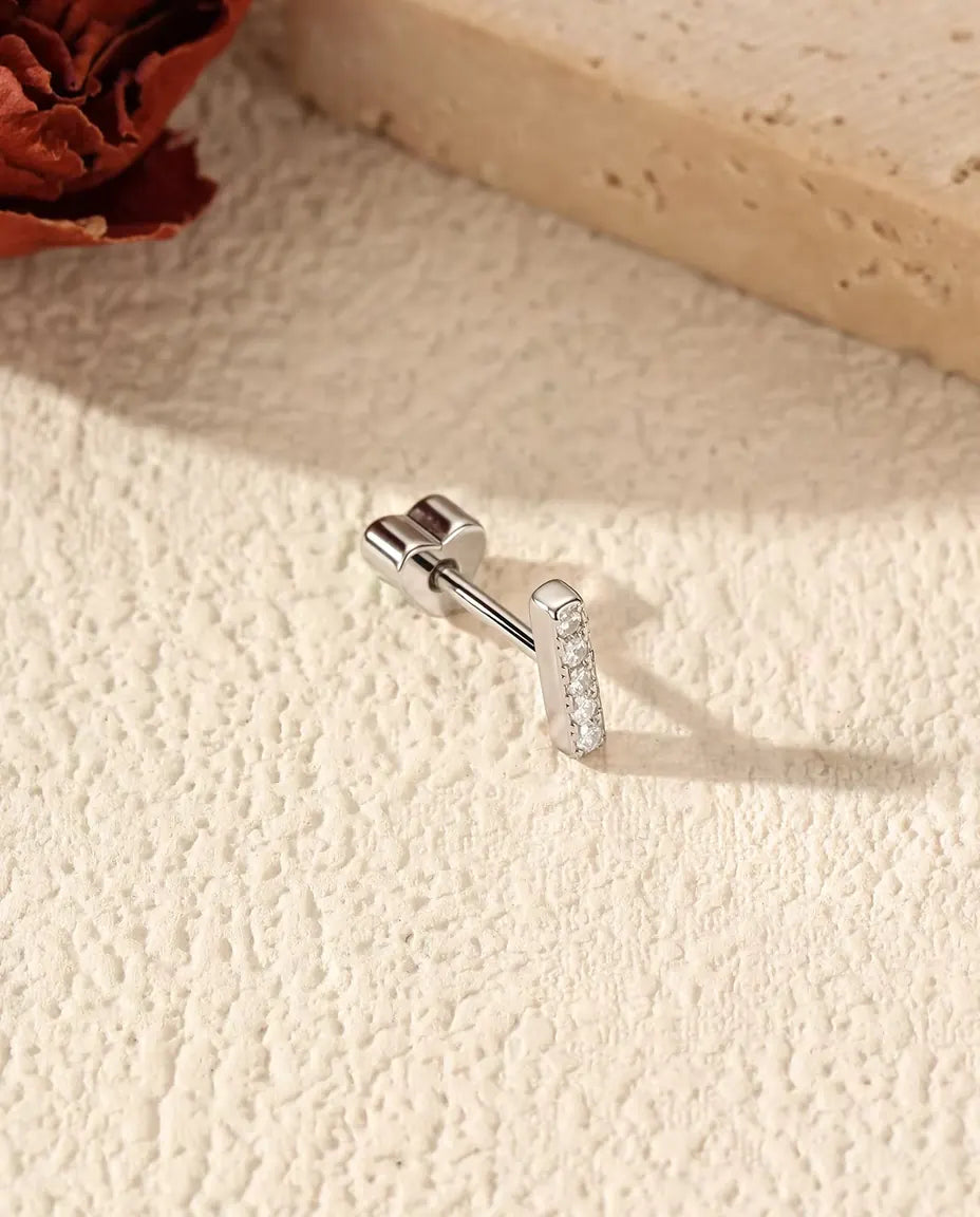 Moissanite Bar Stud Earrings in 925 Sterling Silver - side view showing the post and heart-shaped back