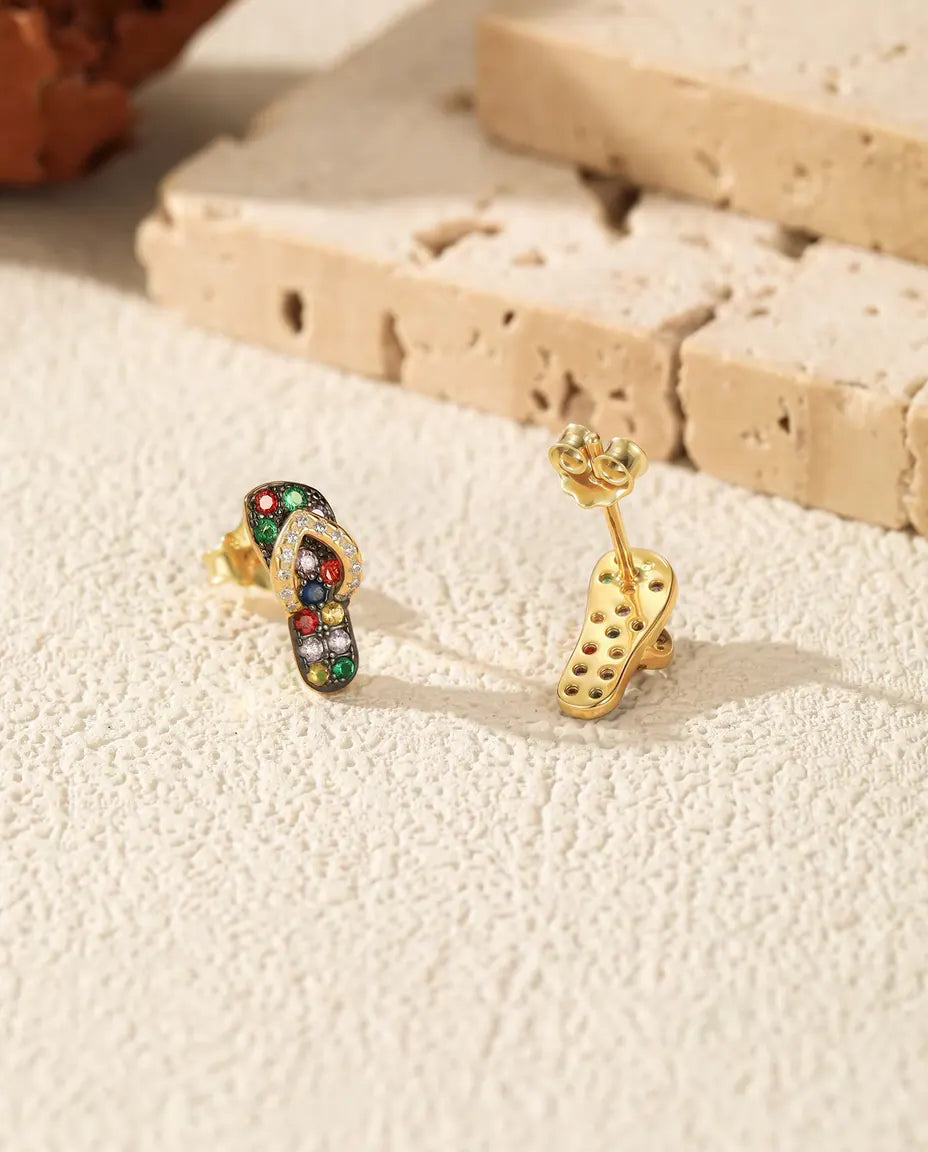Flip Flop Stud Earrings - Multicolour Stone Sandals in 18K Gold Plated 925 Sterling Silver, Beach Jewellery