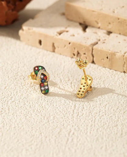 Flip Flop Stud Earrings - Multicolour Stone Sandals in 18K Gold Plated 925 Sterling Silver, Beach Jewellery