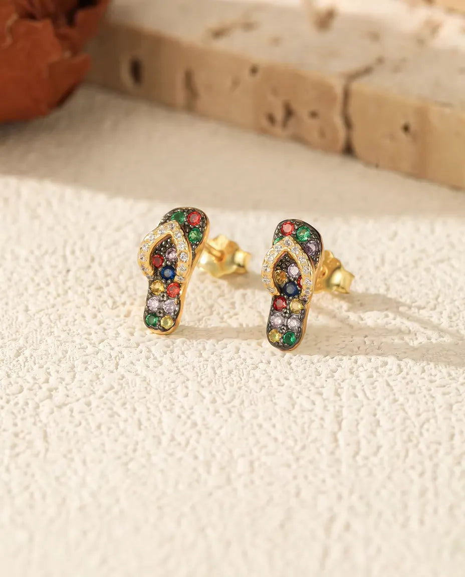 Flip Flop Stud Earrings - Multicolour Stone Sandals in 18K Gold Plated 925 Sterling Silver, Beach Jewellery