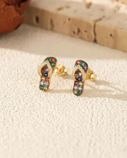 Flip Flop Stud Earrings - Multicolour Stone Sandals in 18K Gold Plated 925 Sterling Silver, Beach Jewellery