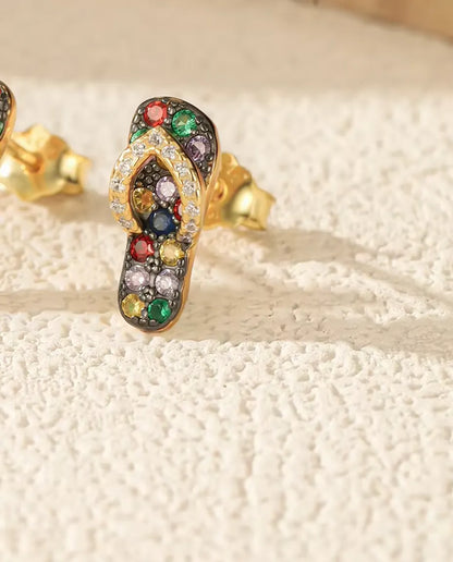 Flip Flop Stud Earrings - Multicolour Stone Sandals in 18K Gold Plated 925 Sterling Silver, Beach Jewellery