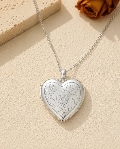 Personalised Photo Locket Necklace That Holds 2 Pictures - Floral Carved Heart Locket With Mother of Pearl Back, Silver or Gold