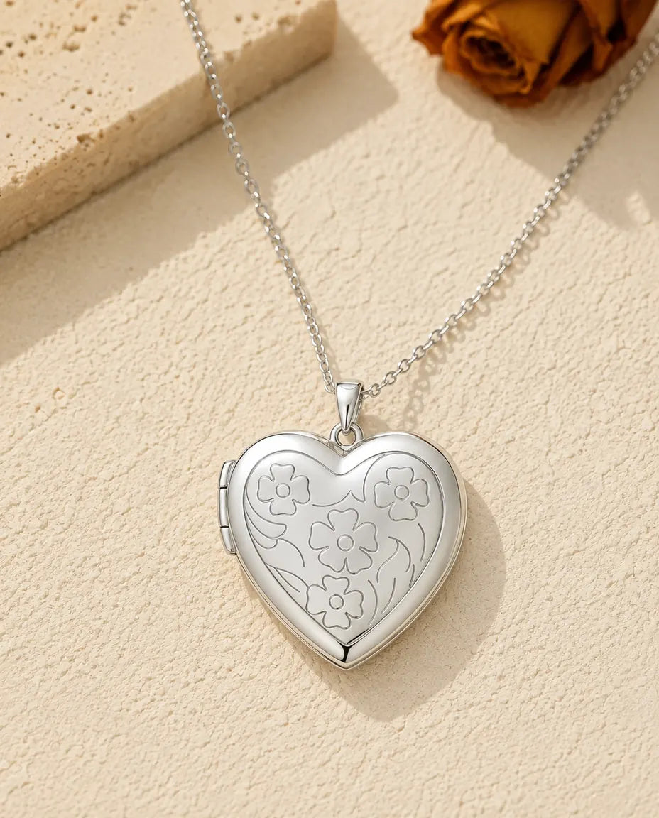 Personalised Photo Locket Necklace That Holds 2 Pictures - Floral Carved Heart Locket With Mother of Pearl Back, Silver or Gold