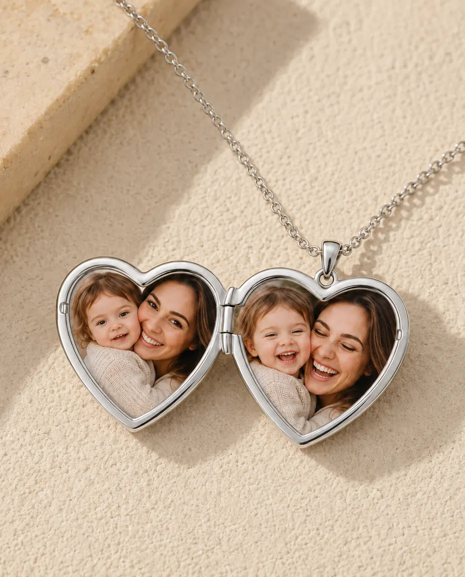 Personalised Photo Locket Necklace That Holds 2 Pictures - Floral Carved Heart Locket With Mother of Pearl Back, Silver or Gold