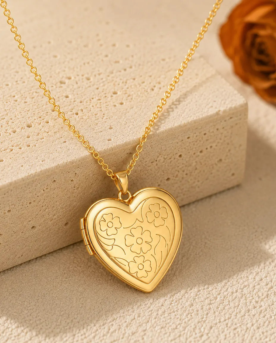 Personalised Photo Locket Necklace That Holds 2 Pictures - Floral Carved Heart Locket With Mother of Pearl Back, Silver or Gold