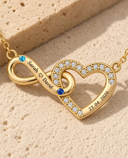 Personalised Birthstone Necklace With 2 Names And Date - Gold Infinity Heart With Two Simulated Birthstones