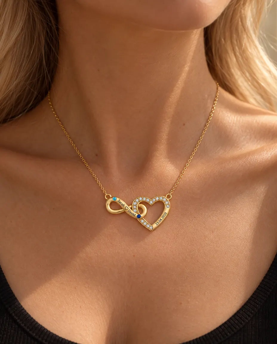 Personalised Birthstone Necklace With 2 Names And Date - Gold Infinity Heart With Two Simulated Birthstones