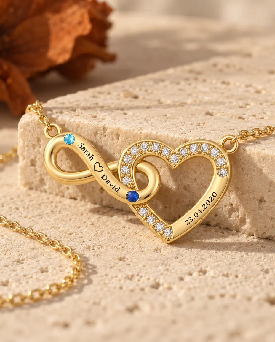 Personalised Birthstone Necklace With 2 Names And Date - Gold Infinity Heart With Two Simulated Birthstones