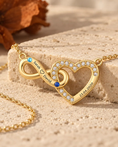 Personalised Birthstone Necklace With 2 Names And Date - Gold Infinity Heart With Two Simulated Birthstones