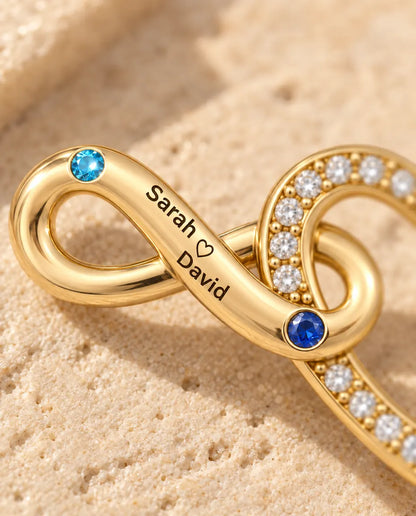 Personalised Birthstone Necklace With 2 Names And Date - Gold Infinity Heart With Two Simulated Birthstones