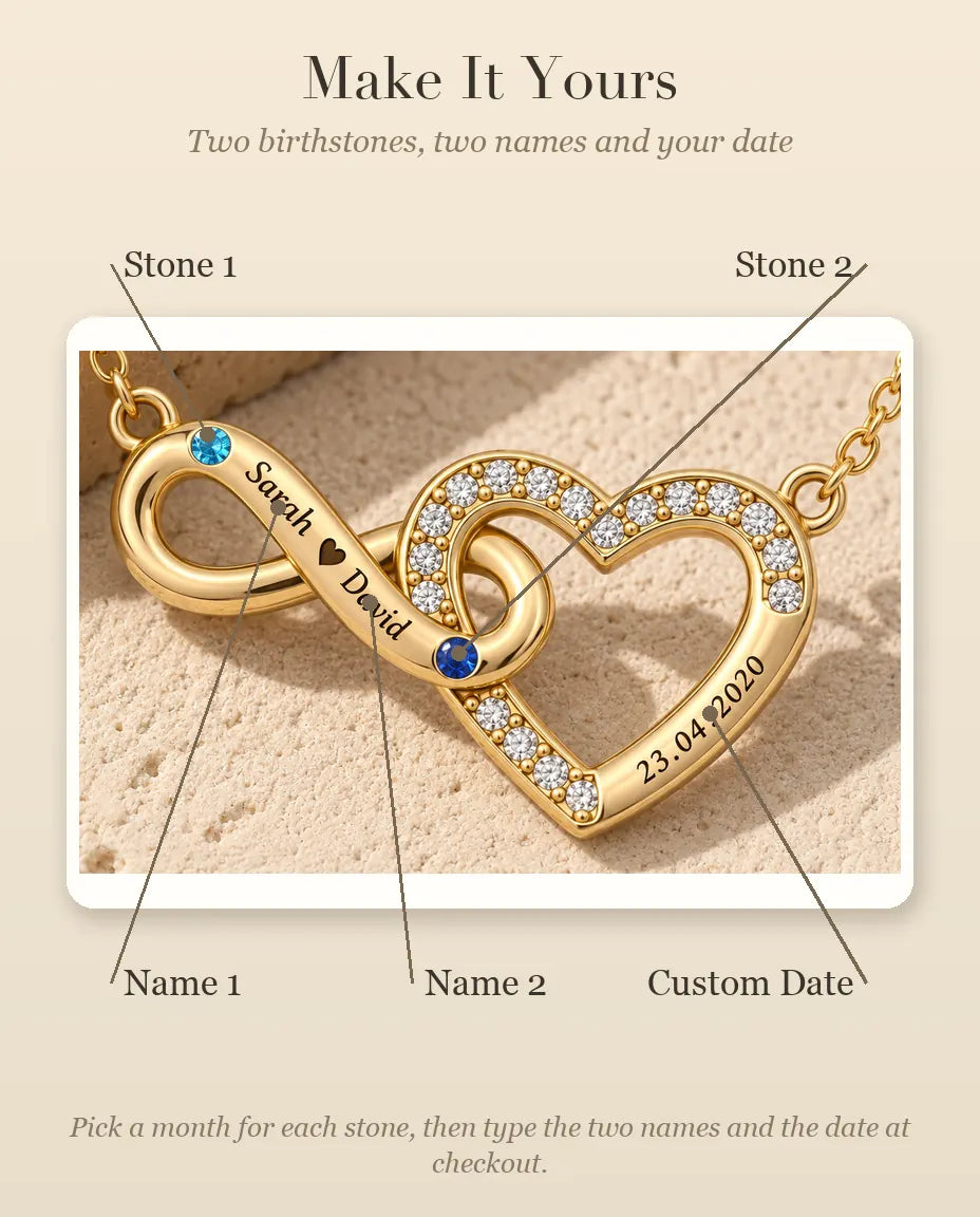 Personalised Birthstone Necklace With 2 Names And Date - Gold Infinity Heart With Two Simulated Birthstones