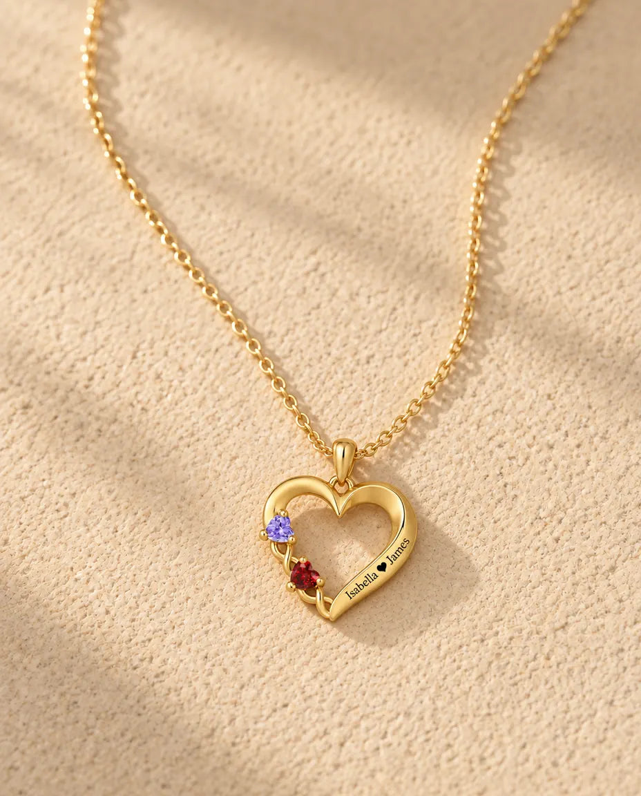 Personalised Birthstone Necklace With 2 Names - Gold Open Heart Pendant With Two Heart Simulated Birthstones