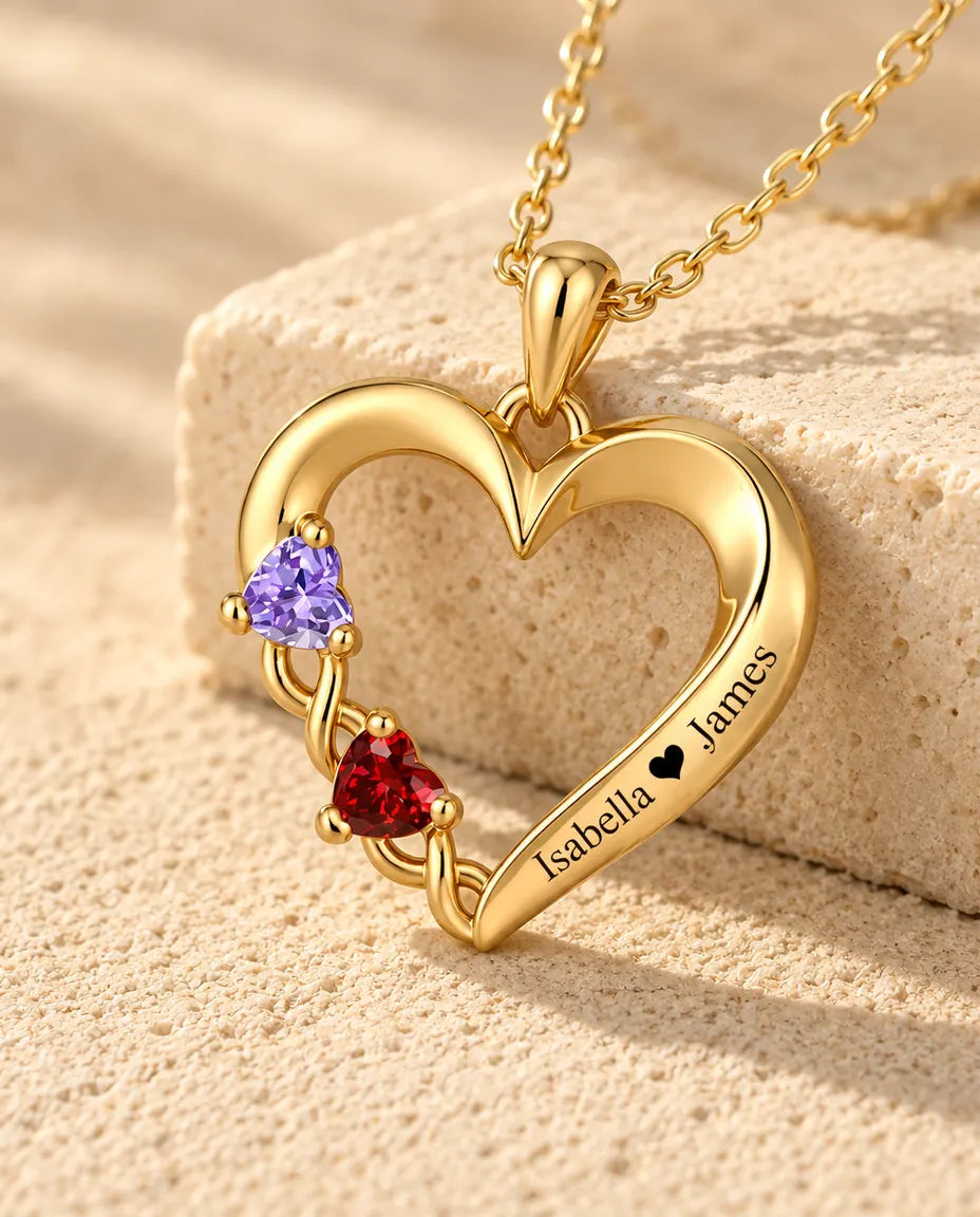 Personalised Birthstone Necklace With 2 Names - Gold Open Heart Pendant With Two Heart Simulated Birthstones