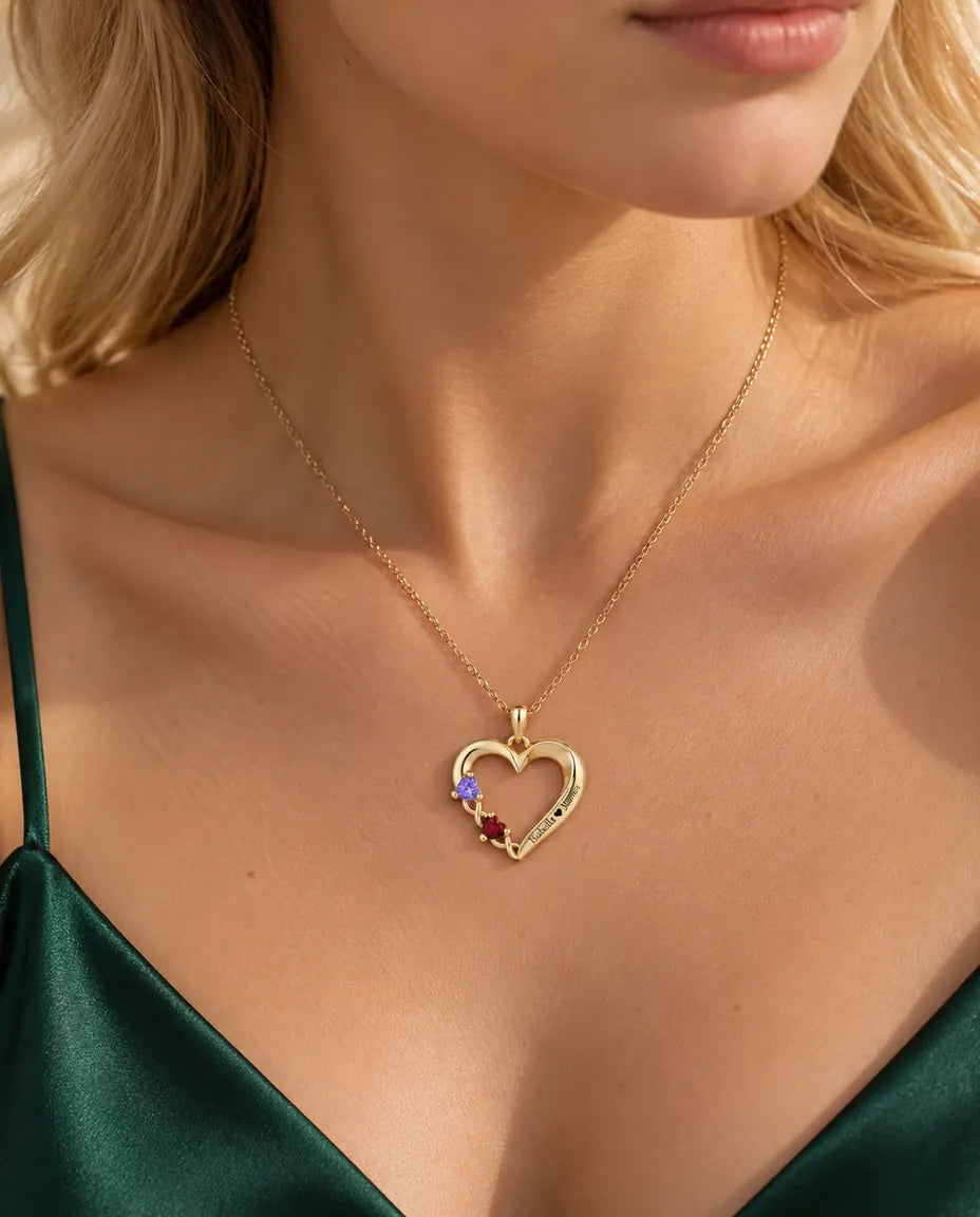 Personalised Birthstone Necklace With 2 Names - Gold Open Heart Pendant With Two Heart Simulated Birthstones
