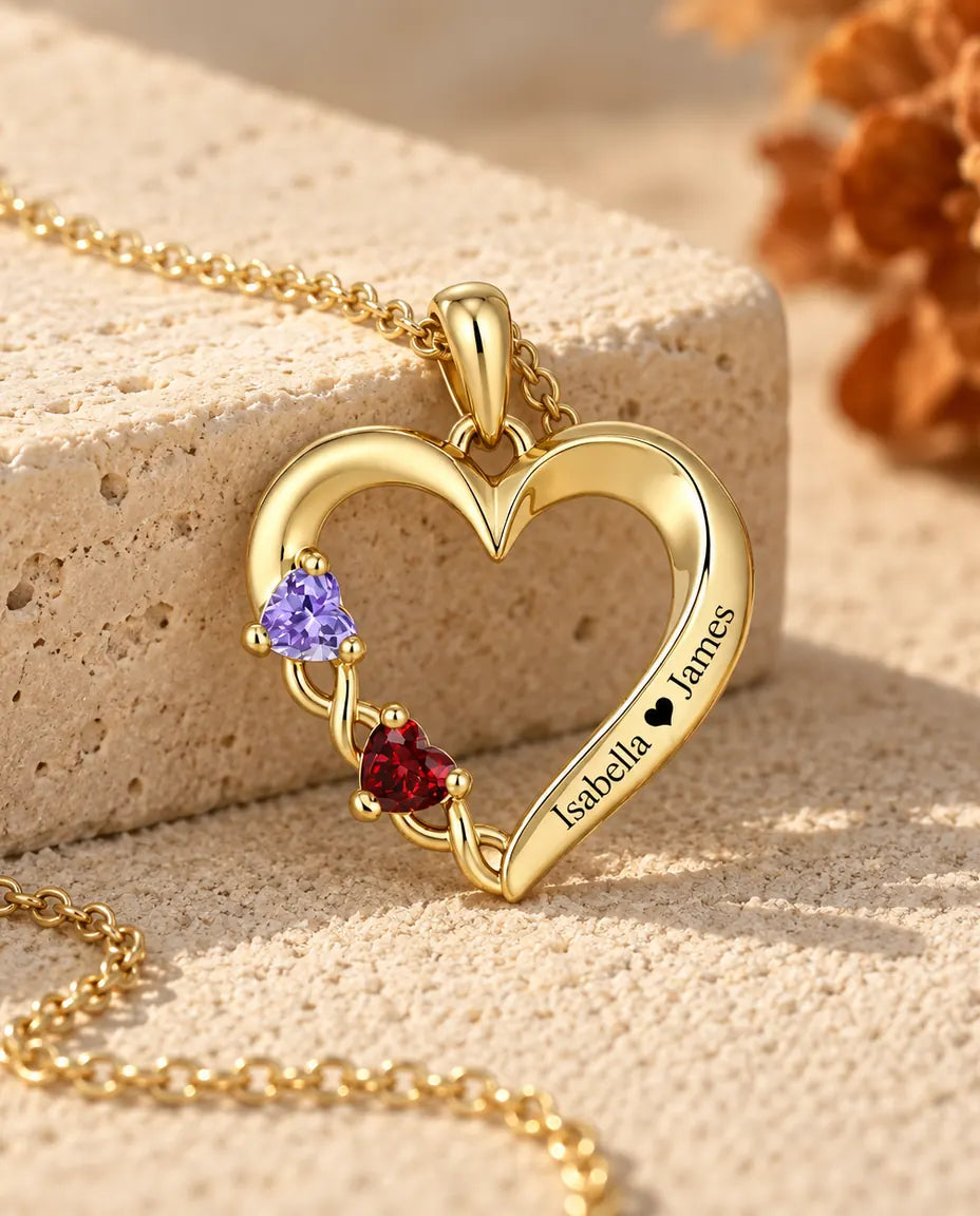 Personalised Birthstone Necklace With 2 Names - Gold Open Heart Pendant With Two Heart Simulated Birthstones