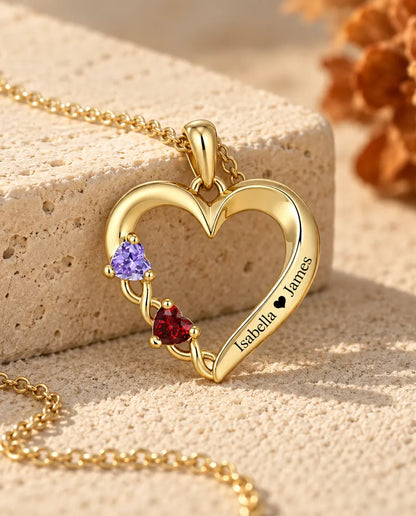 Personalised Birthstone Necklace With 2 Names - Gold Open Heart Pendant With Two Heart Simulated Birthstones