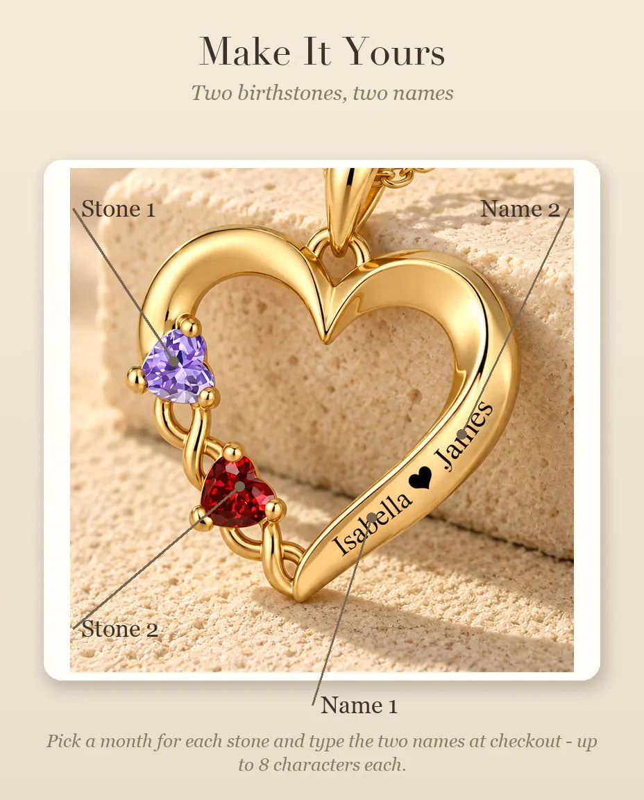 Personalised Birthstone Necklace With 2 Names - Gold Open Heart Pendant With Two Heart Simulated Birthstones