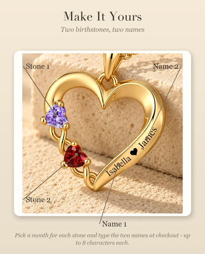 Personalised Birthstone Necklace With 2 Names - Gold Open Heart Pendant With Two Heart Simulated Birthstones