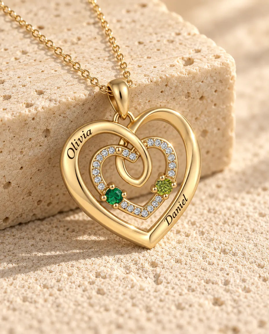 Personalised Birthstone Necklace With 2 Names - Gold Triple Heart Pendant With Two Simulated Birthstones