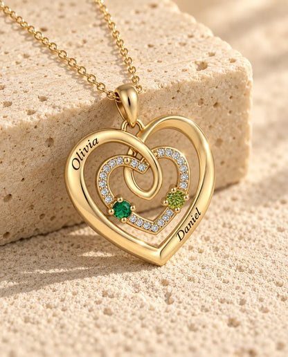 Personalised Birthstone Necklace With 2 Names - Gold Triple Heart Pendant With Two Simulated Birthstones