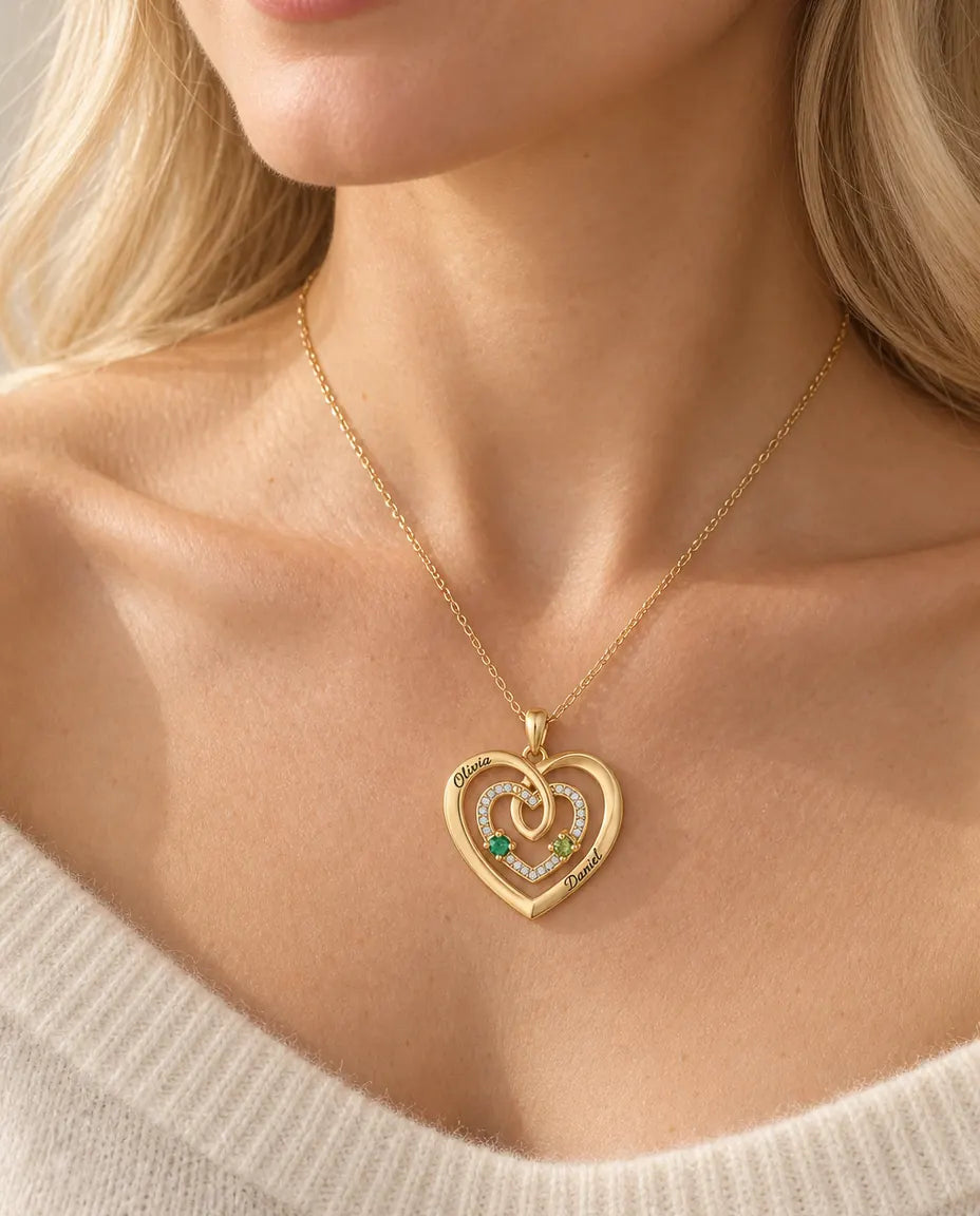 Personalised Birthstone Necklace With 2 Names - Gold Triple Heart Pendant With Two Simulated Birthstones