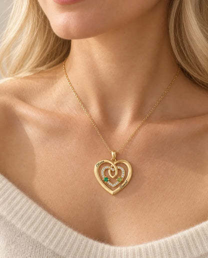 Personalised Birthstone Necklace With 2 Names - Gold Triple Heart Pendant With Two Simulated Birthstones