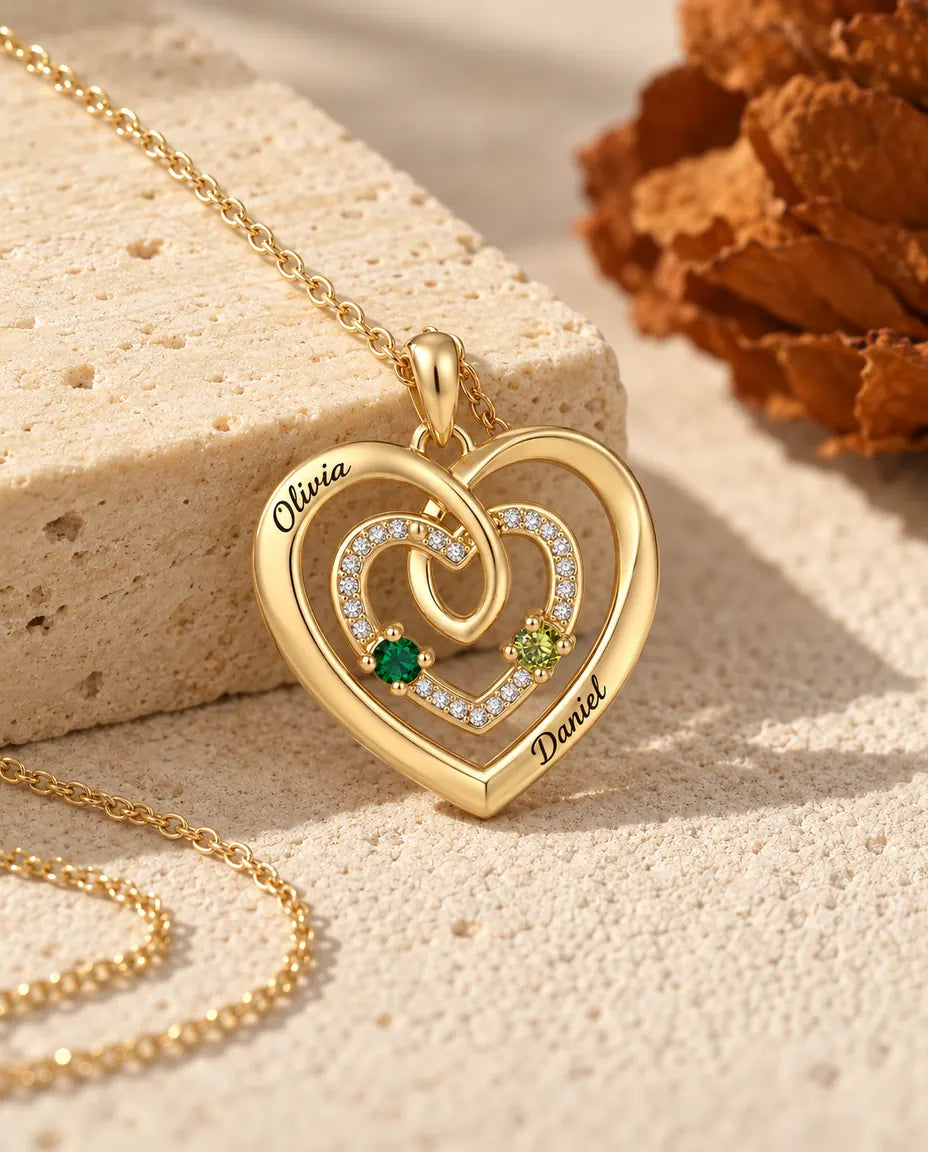 Personalised Birthstone Necklace With 2 Names - Gold Triple Heart Pendant With Two Simulated Birthstones