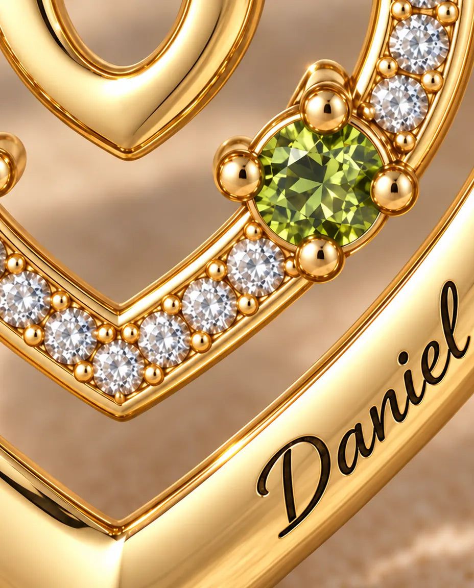 Personalised Birthstone Necklace With 2 Names - Gold Triple Heart Pendant With Two Simulated Birthstones