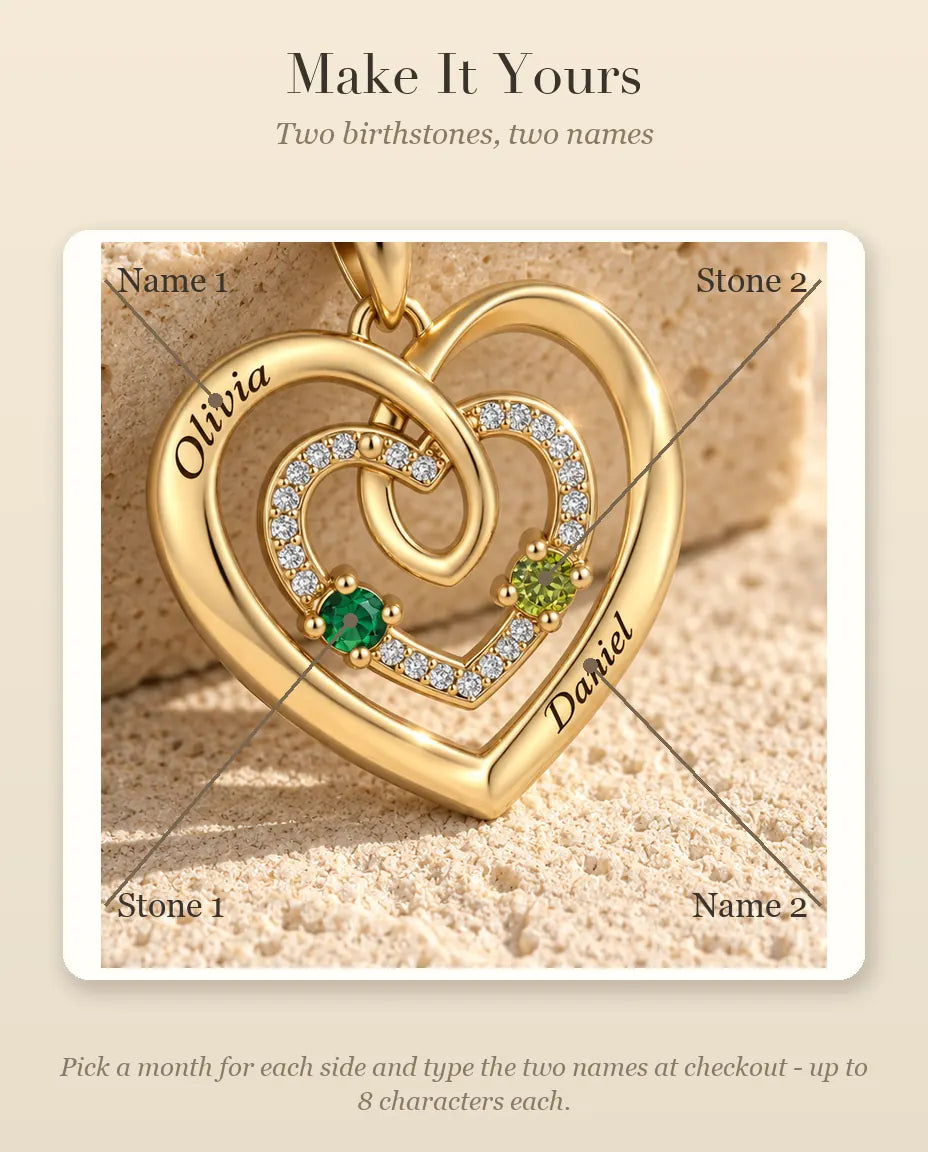 Personalised Birthstone Necklace With 2 Names - Gold Triple Heart Pendant With Two Simulated Birthstones