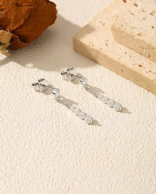 Graduated Moissanite Chain Drop Earrings - Ten D Colour Stones on a Fine Chain in 925 Sterling Silver, 24 mm
