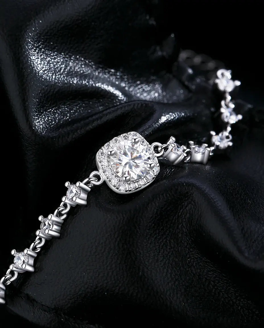 Halo moissanite bracelet, 0.8ct D colour cushion stone, 925 sterling silver