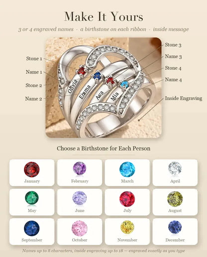 Personalised Heart Birthstone Ring With 3-4 Names and Inside Engraving - Family Ring With Engraved Names and Simulated Birthstones, Silver