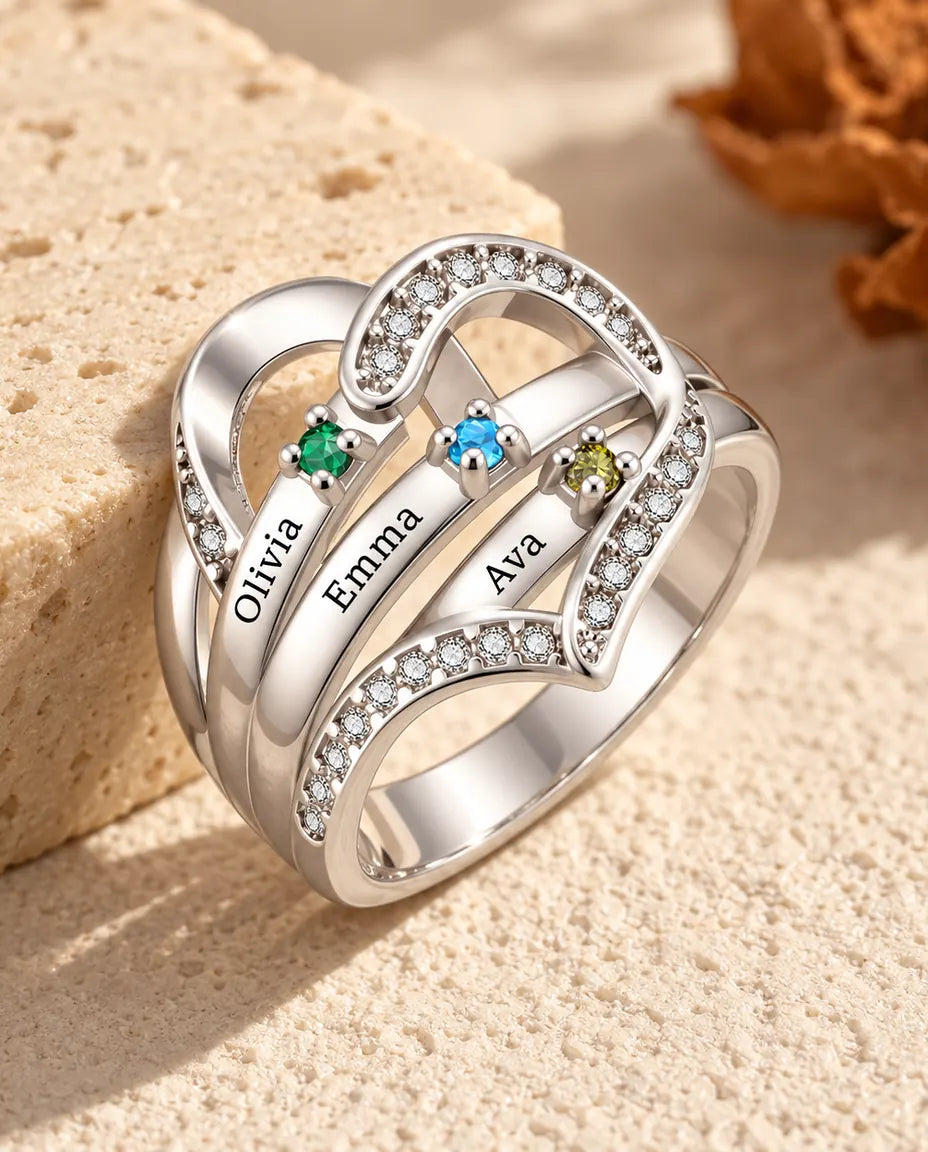 Personalised Heart Birthstone Ring With 3-4 Names and Inside Engraving - Family Ring With Engraved Names and Simulated Birthstones, Silver