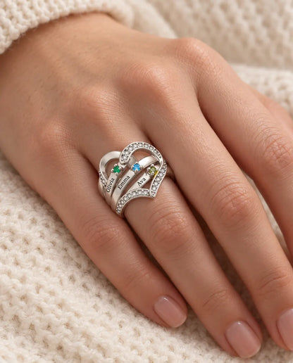 Personalised Heart Birthstone Ring With 3-4 Names and Inside Engraving - Family Ring With Engraved Names and Simulated Birthstones, Silver