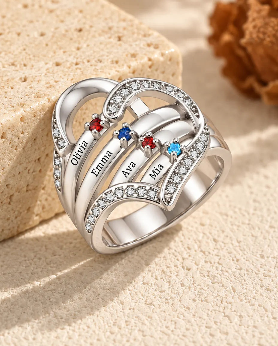 Personalised Heart Birthstone Ring With 3-4 Names and Inside Engraving - Family Ring With Engraved Names and Simulated Birthstones, Silver