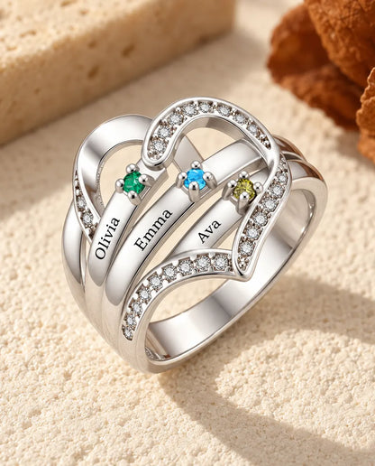 Personalised Heart Birthstone Ring With 3-4 Names and Inside Engraving - Family Ring With Engraved Names and Simulated Birthstones, Silver
