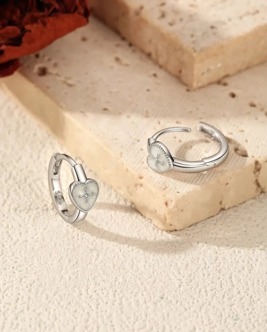 Heart Cross Huggie Earrings - Pearl White Hearts with Raised Cross, 12.5 mm Hinged 925 Sterling Silver Hoops