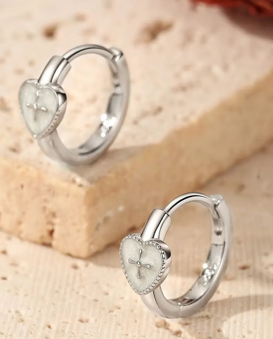 Heart Cross Huggie Earrings - Pearl White Hearts with Raised Cross, 12.5 mm Hinged 925 Sterling Silver Hoops
