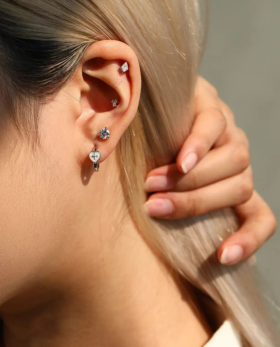Heart Cross Huggie Earrings - Pearl White Hearts with Raised Cross, 12.5 mm Hinged 925 Sterling Silver Hoops