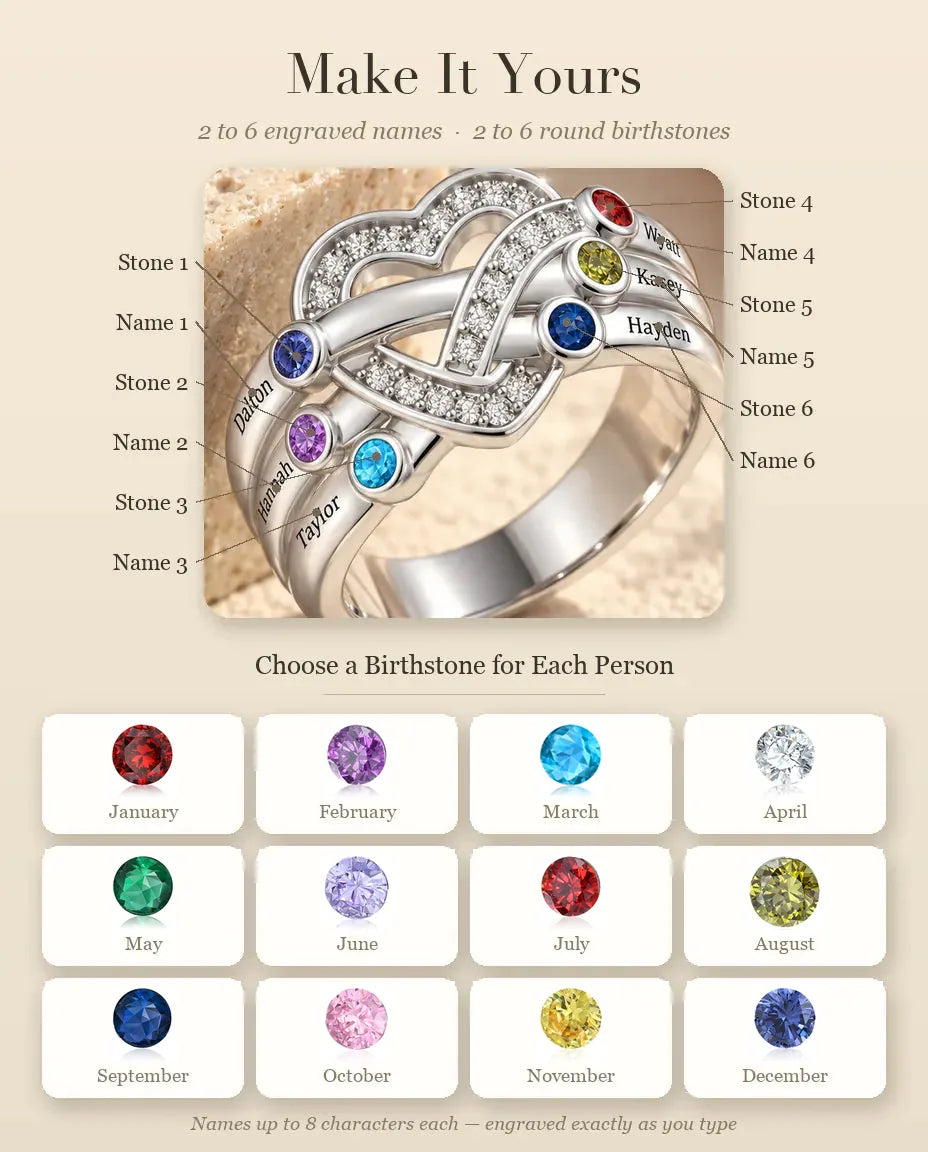 Personalised Heart Knot Birthstone Ring With 2-6 Names - Family Ring With Engraved Names and Simulated Birthstones, Silver