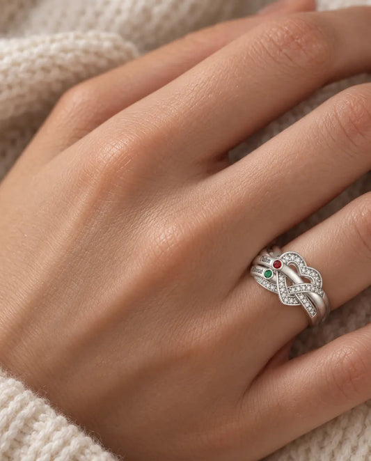 Personalised Heart Knot Birthstone Ring With 2-6 Names - Family Ring With Engraved Names and Simulated Birthstones, Silver