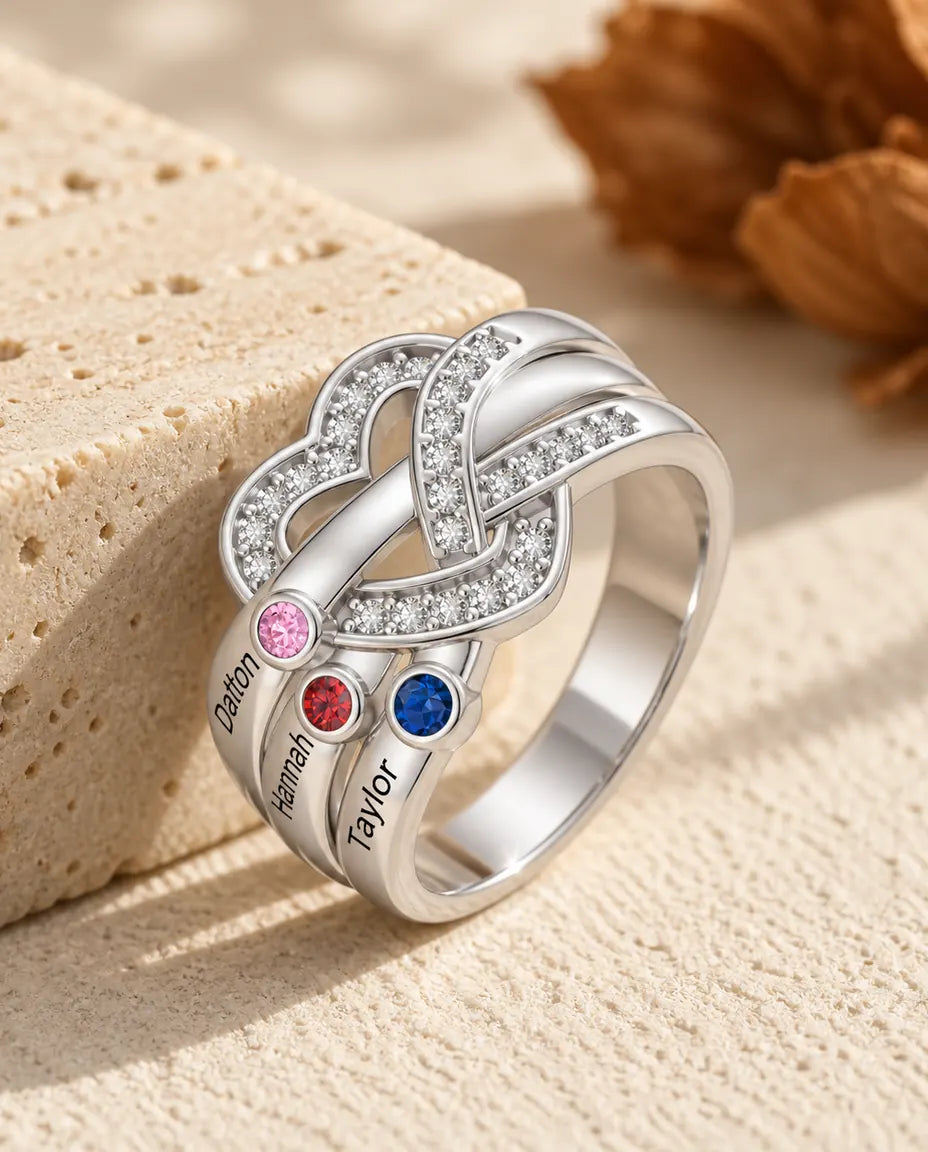 Personalised Heart Knot Birthstone Ring With 2-6 Names - Family Ring With Engraved Names and Simulated Birthstones, Silver