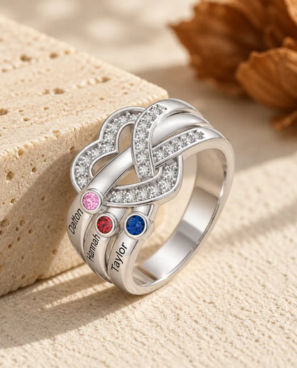Personalised Heart Knot Birthstone Ring With 2-6 Names - Family Ring With Engraved Names and Simulated Birthstones, Silver