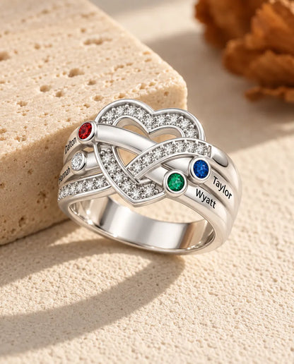 Personalised Heart Knot Birthstone Ring With 2-6 Names - Family Ring With Engraved Names and Simulated Birthstones, Silver