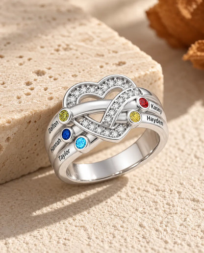 Personalised Heart Knot Birthstone Ring With 2-6 Names - Family Ring With Engraved Names and Simulated Birthstones, Silver