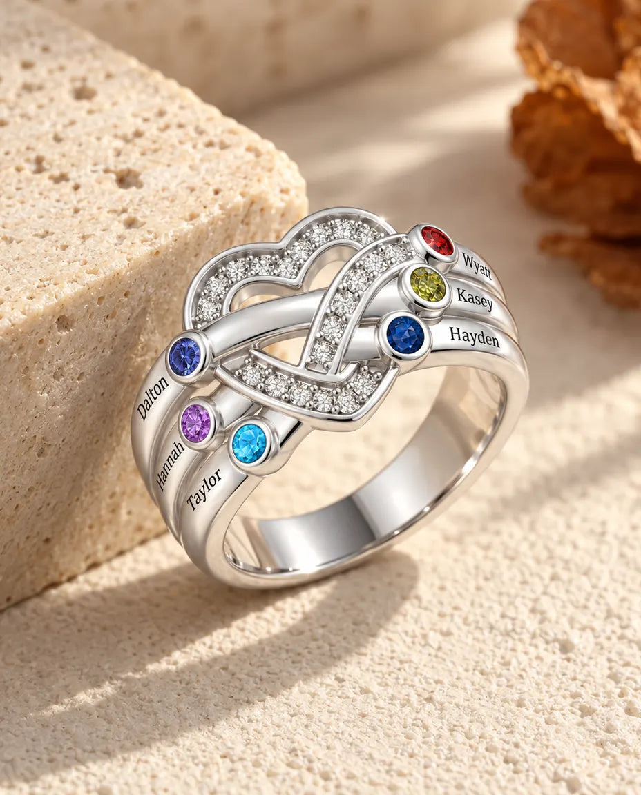 Personalised Heart Knot Birthstone Ring With 2-6 Names - Family Ring With Engraved Names and Simulated Birthstones, Silver