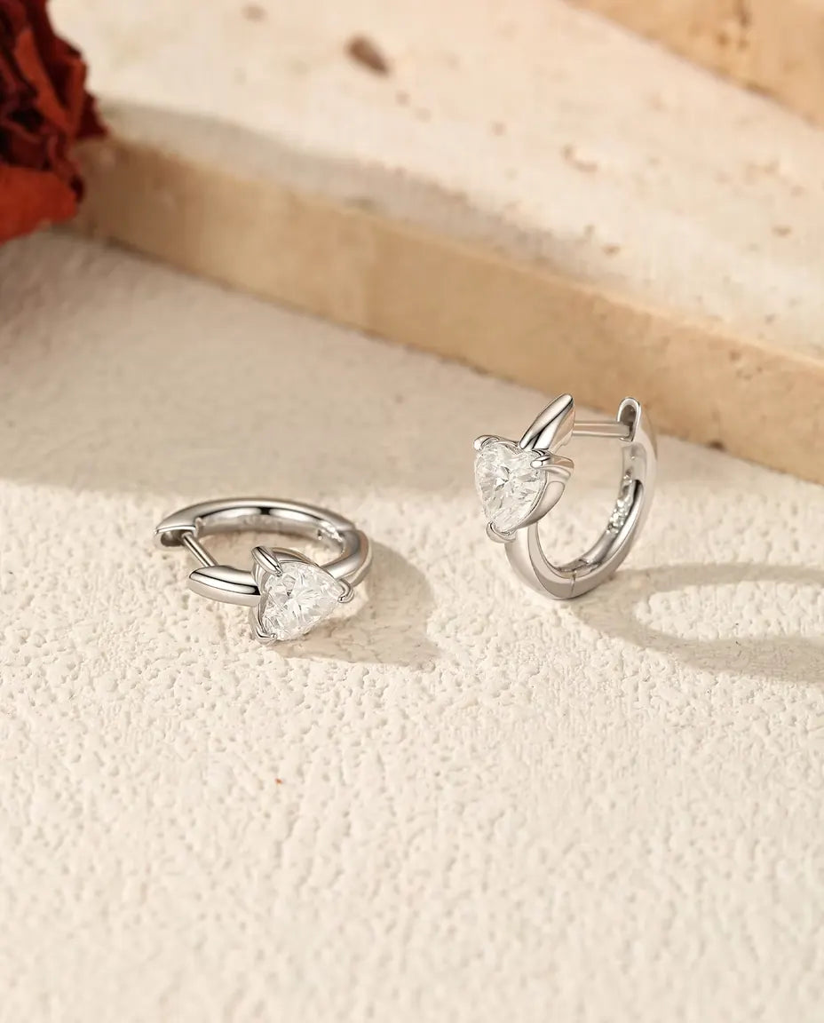 Heart Moissanite Huggie Earrings - 0.50 ct D Colour Heart per Earring, 12 mm Hinged Hoops, 925 Sterling Silver, 2.30 g Pair